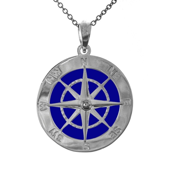 925 Sterling Silver Blue Enameled Large Nautical Compass Pendant Necklace w Chai - Picture 5 of 7
